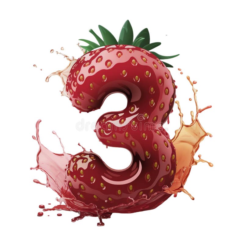 A strawberry creatively shaped like the number 3 is surrounded by a splash of red liquid vector illustration