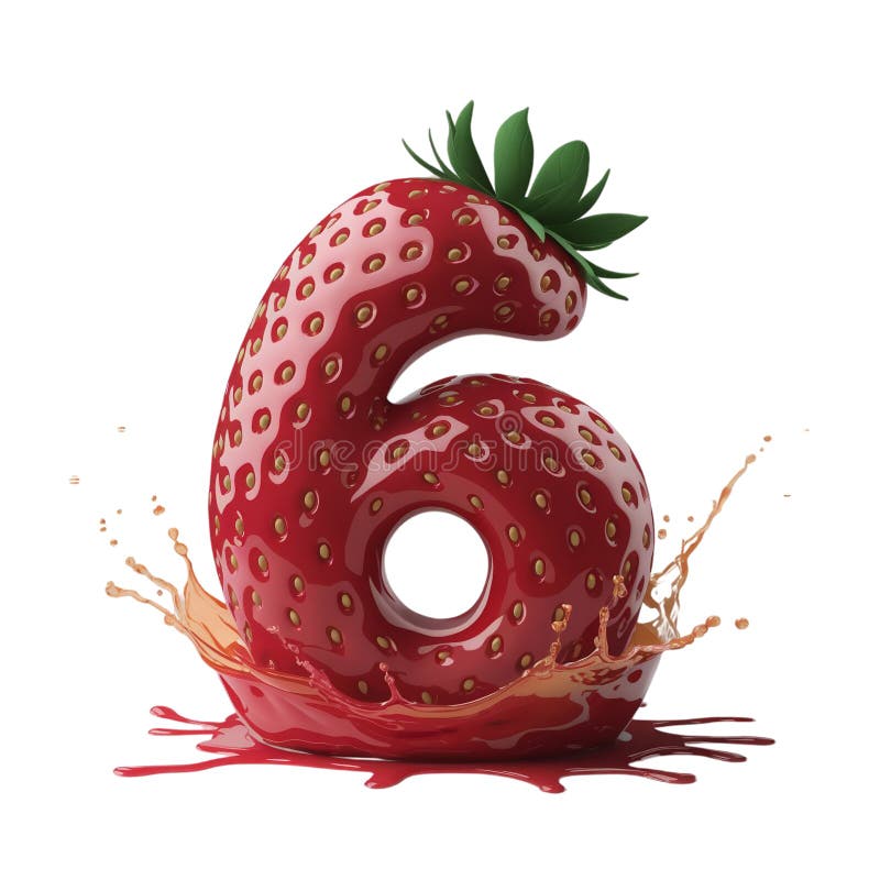 A strawberry creatively shaped like the number 6 is surrounded by a splash of red liquid stock illustration