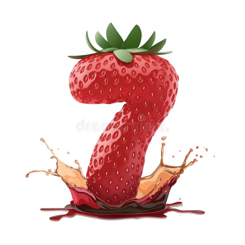 A strawberry creatively shaped like the number 7 is surrounded by a splash of red liquid stock illustration