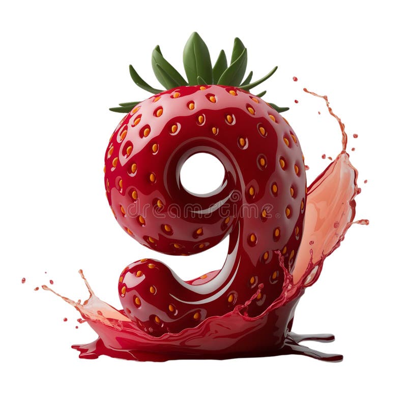 A strawberry creatively shaped like the number 9 is surrounded by a splash of red liquid vector illustration