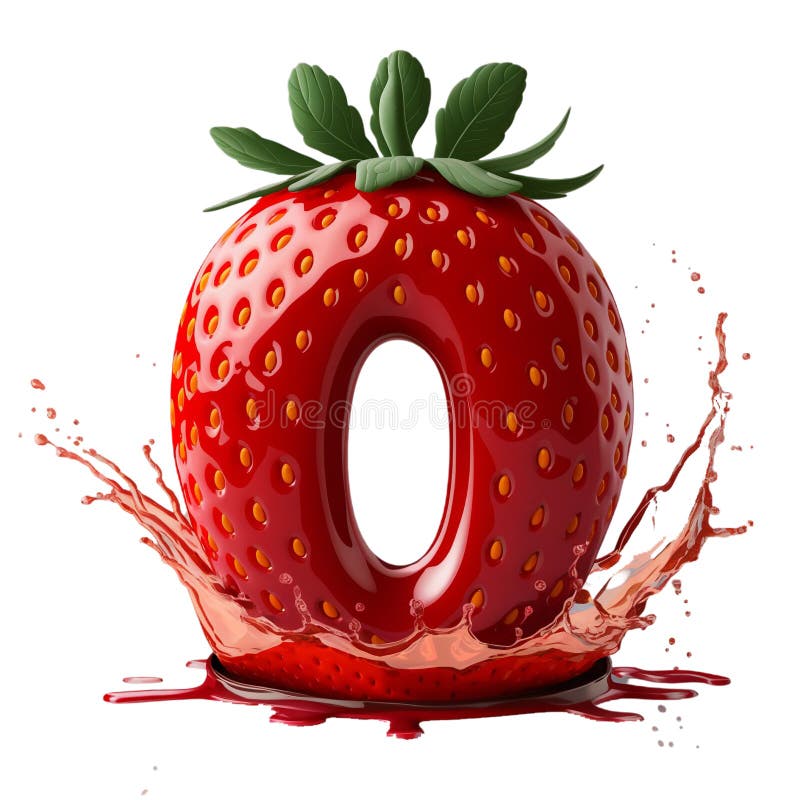 A strawberry creatively shaped like the number zero is surrounded by a splash of red liquid vector illustration