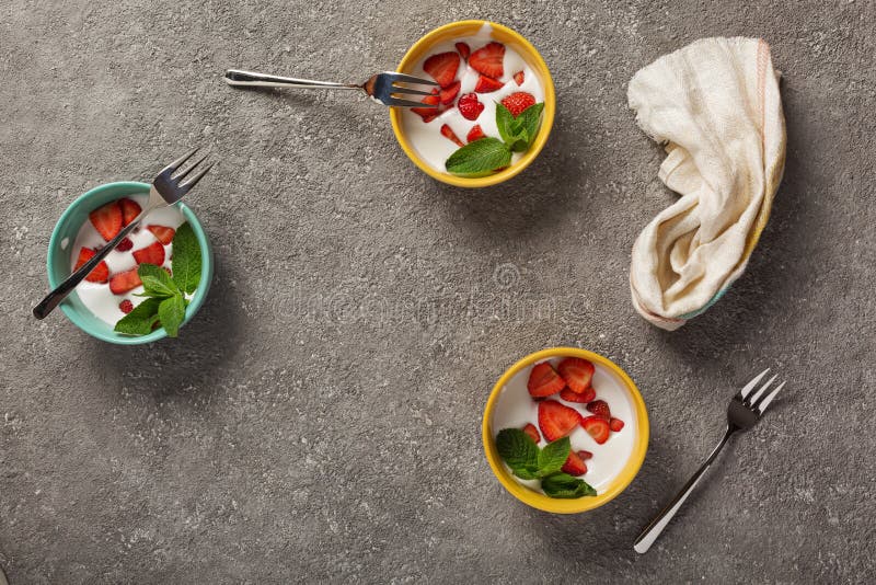 Strawberry Dessert in Colored Bowls, Summer Dessert, Close Up Stock
