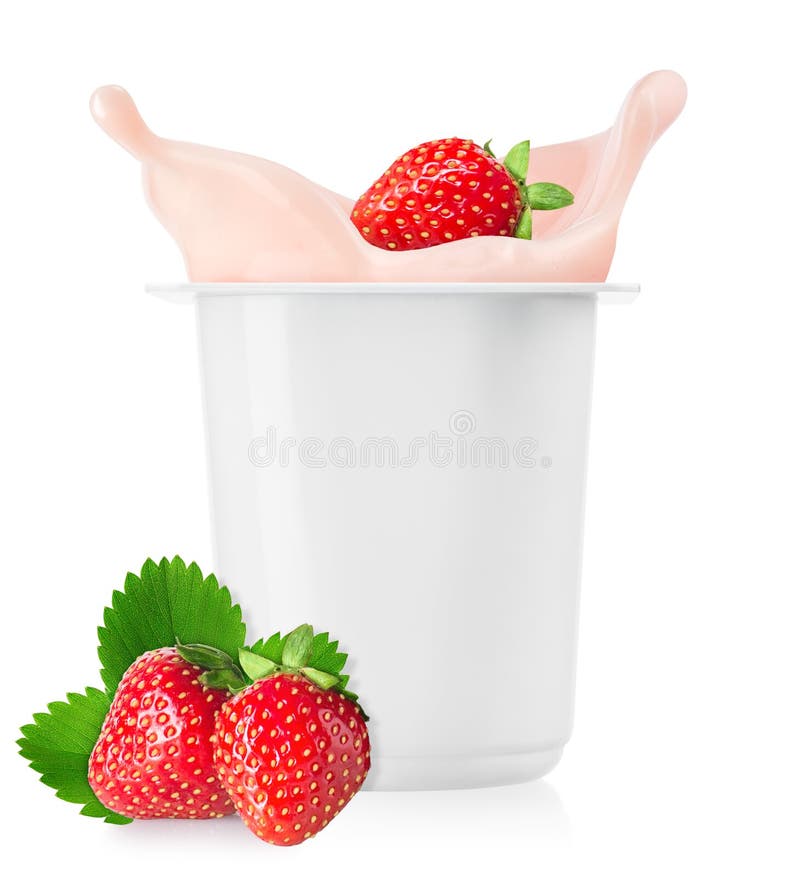 Strawberry Falling in Plastic Cup with Yogurt Stock Photo Image of
