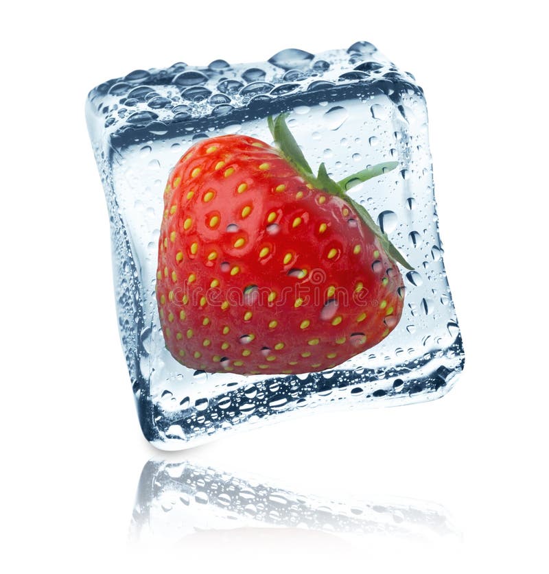 Strawberry frozen in ice cube, isolated