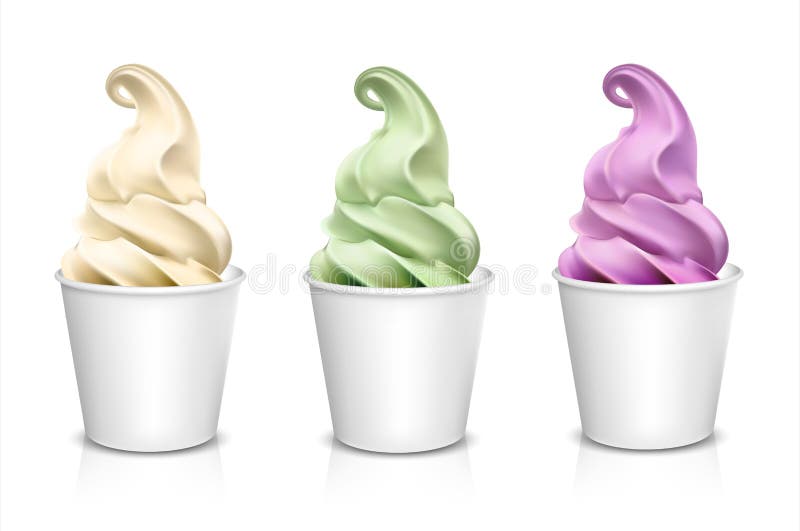 Strawberry frozen yogurt or soft ice cream, vanilla frozen yogurt or soft ice cream, in blank paper cup