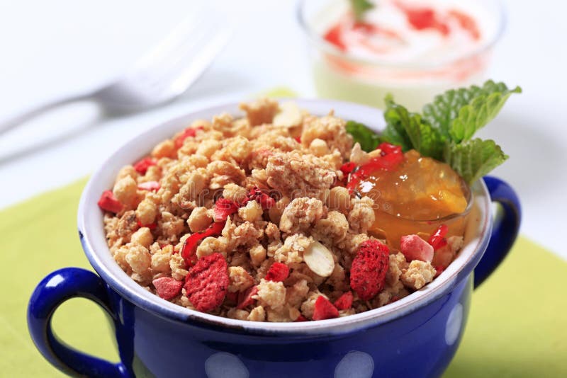 Strawberry granola cereal stock photo. Image of blue 23065842