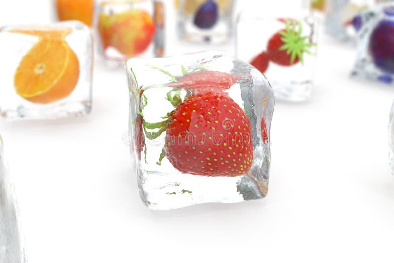 Strawberry in ice cube isolated on white with depth of field effects. Ice cubes with fresh berries. Berries fruits