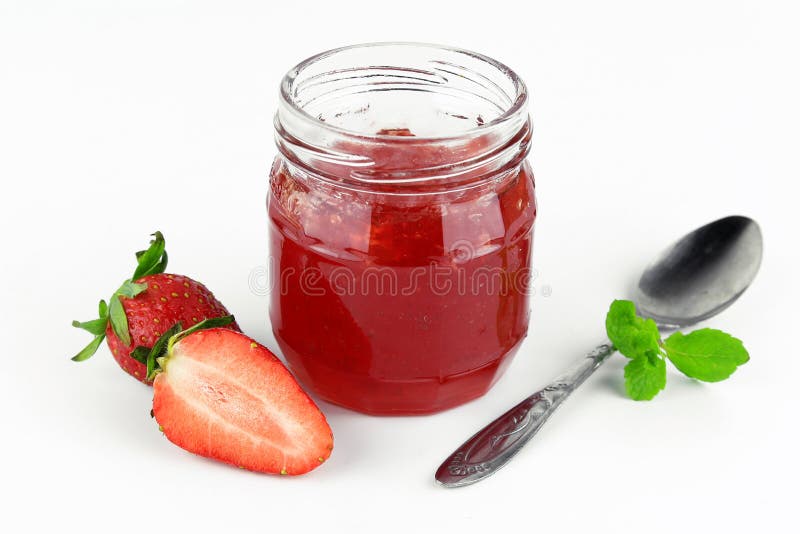 Strawberry Jam in Glass Bottle with Mint Leaf Stock Photo Image of