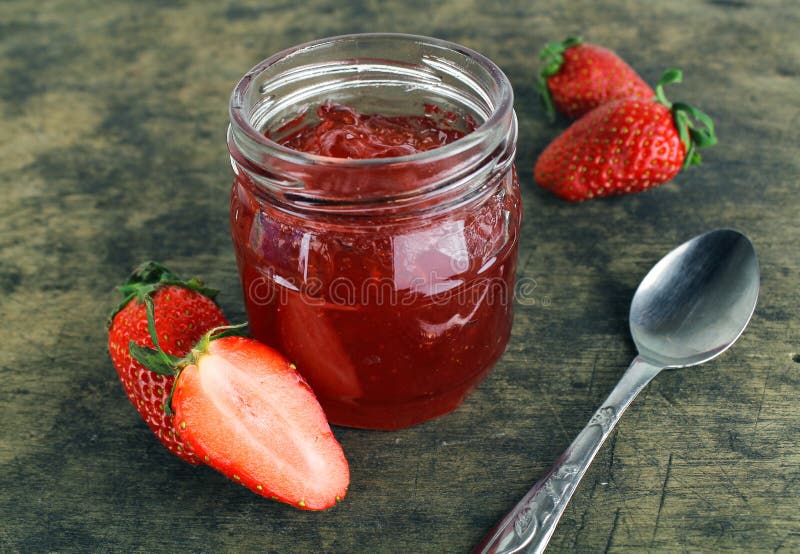 Strawberry Jam in Glass Bottle with Mint Leaf Stock Image Image of