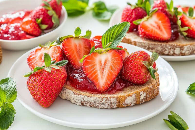 Strawberry jam is spread on a slice of bread, which is isolated on a white background royalty free stock photos
