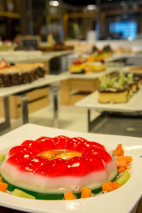 Strawberry Jelly with Fruit Dessert in Restaurant Stock Photo Image