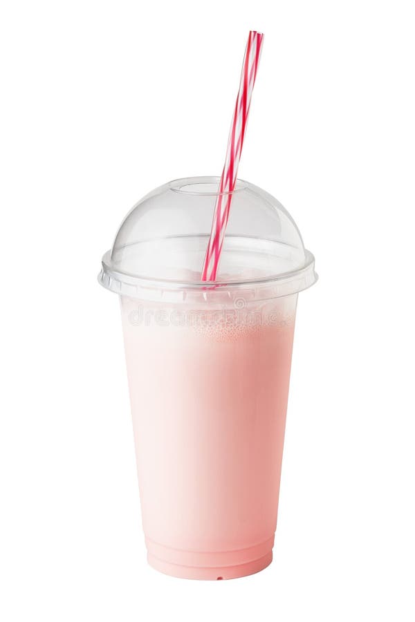 Strawberry milkshake in plastic takeaway cup isolated on white