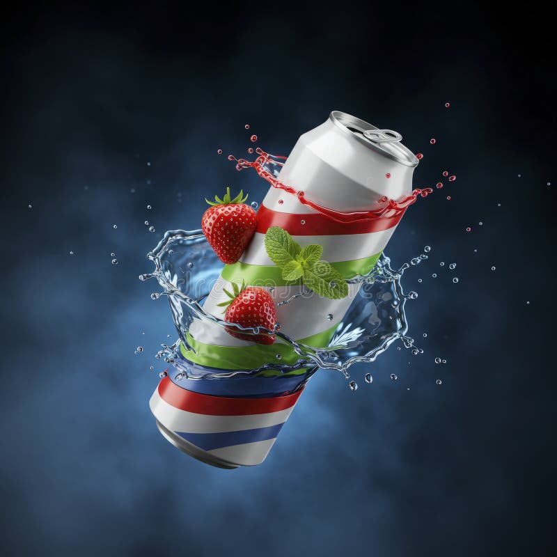 Strawberry Mint Beverage Can Splashing in Water stock illustration