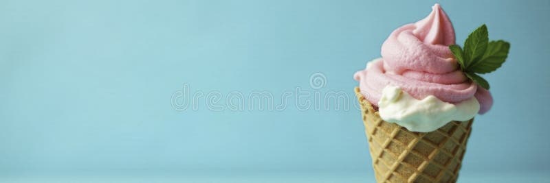 Strawberry mint flavored ice cream cone on a bright blue background, summer, refreshing, fun stock illustration
