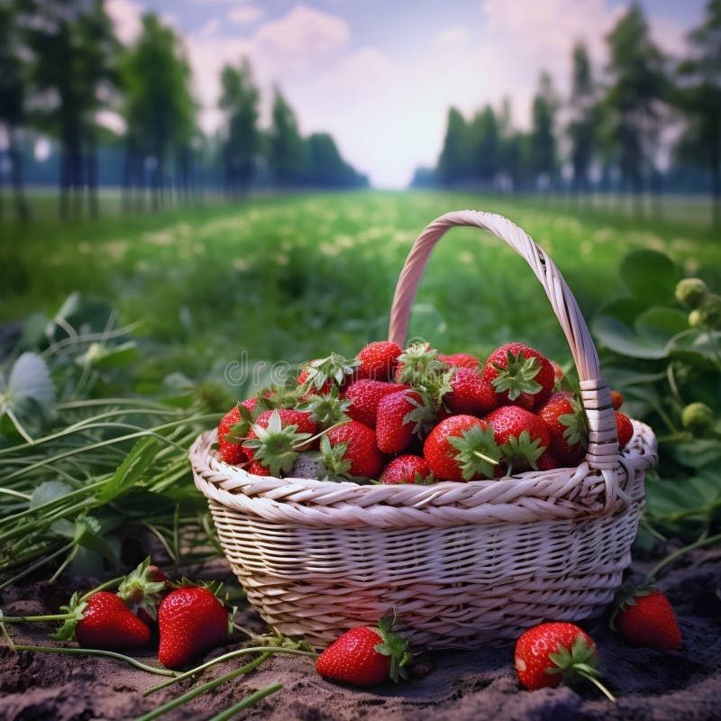 Strawberry Plantation with a Basket of Strawberries in the Foreground
