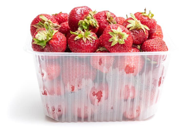 Strawberry In Plastic Transparent Container Box, Isolated On White