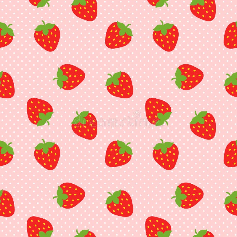 Strawberry seamless pattern. Repeatable background. With pink small polkadot background. Vector illustration.