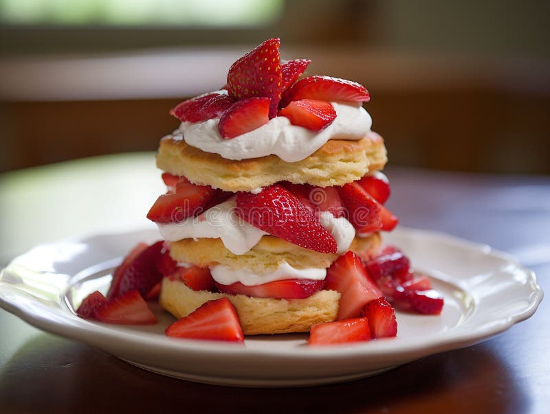 Strawberry Shortcake with Dollop of Whipped Cream Basil Leaves