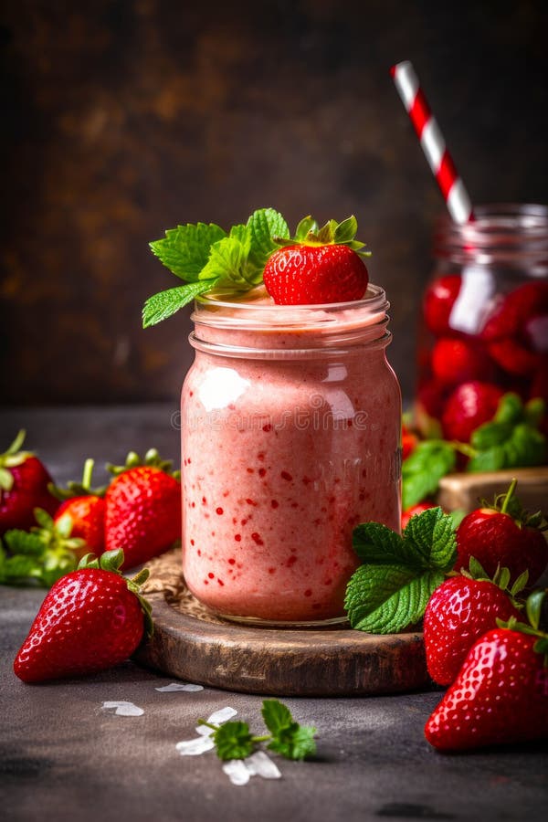Strawberry Smoothie in Mason Jar with Strawberries on the Side