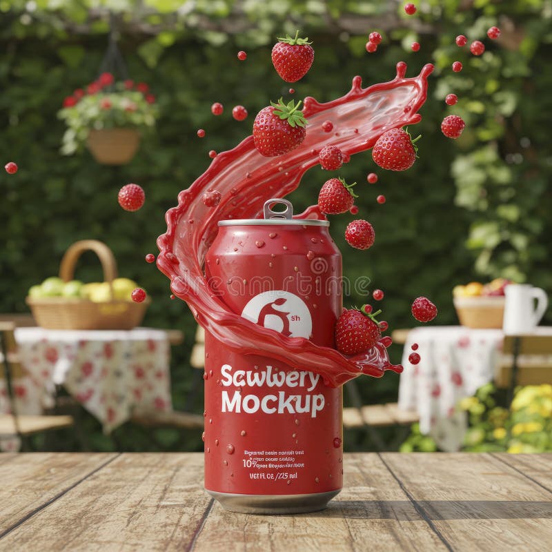 Strawberry Splash: A Red Can Mockup with Bursting Flavor in a Ga vector illustration