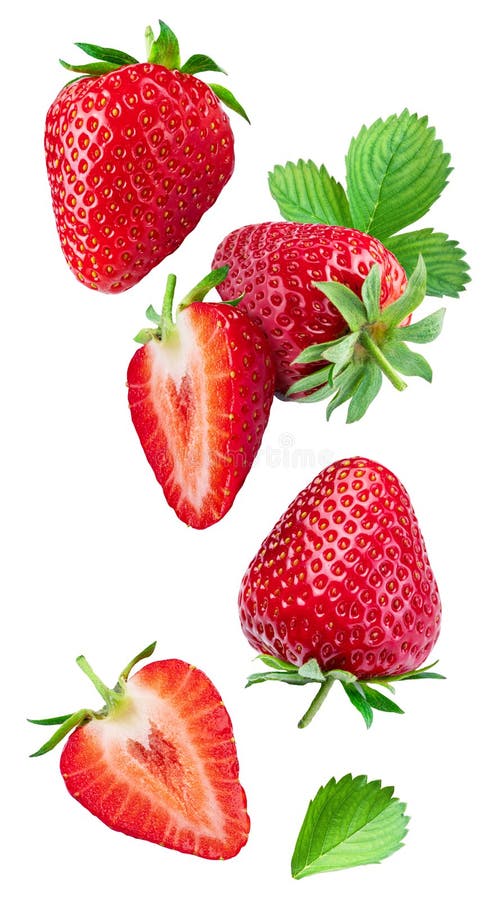 Strawberry with strawberries leaves and slices isolated on a white background. Clipping path