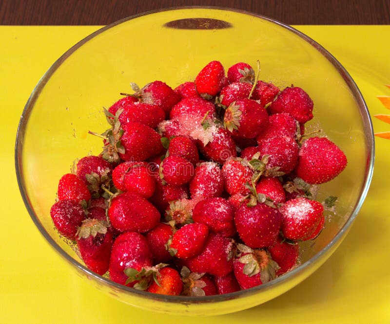 Strawberry and Sugar in a Glass Bowl Stock Image Image of color