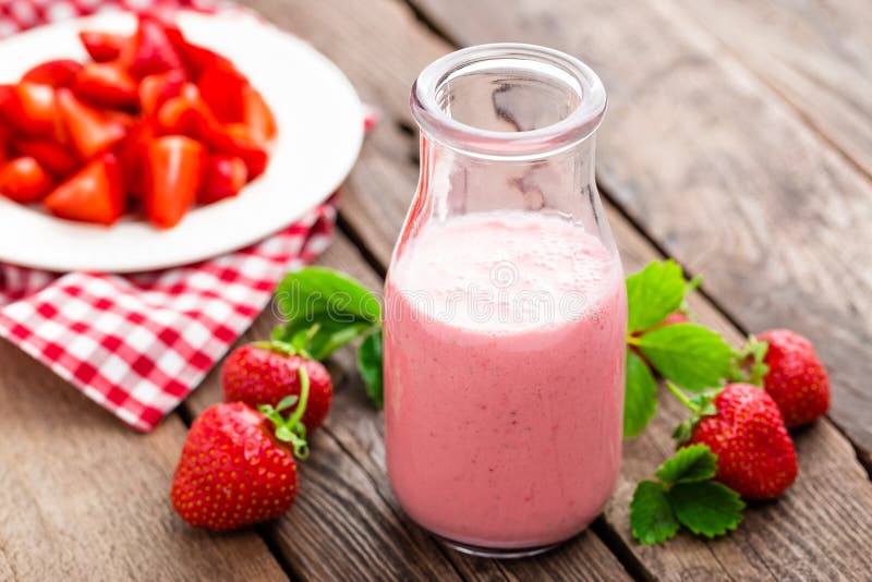 Strawberry yogurt with fresh berries, delicious drink, cocktail