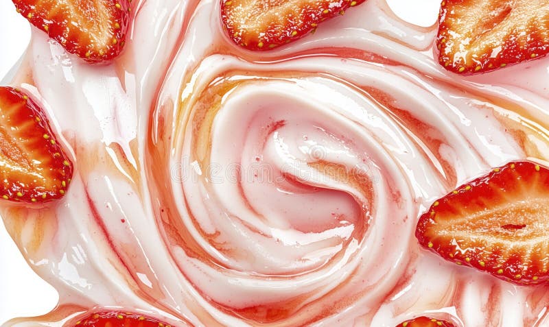 Strawberry yogurt swirl with fresh berries and syrup, creamy texture stock image