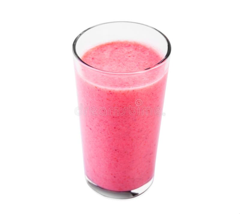 Strawberry yogurt in a transparent glass isolated on white background. Glass full of strawberry yogurt from strawberries and milk.