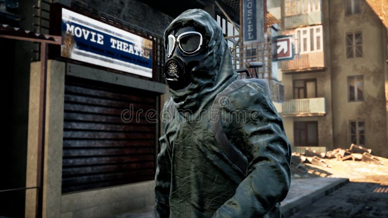 A Stray Man in Military Protective Clothing and a Gas Mask is Walking  through the Ruined City. the Concept of a Post Stock Image - Image of  destruction, anadyr: 176690527