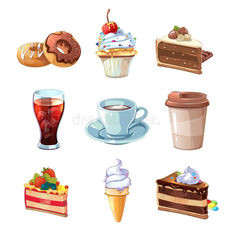 Straßencaféproduktvektor-Karikatursatz Schokolade, kleiner Kuchen, Kuchen, Tasse Kaffee, Donut, Kolabaum und Eiscreme