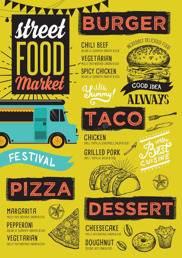 Street food festival menu. Design template with hand-drawn graphic elements in doodle style. Street food festival menu. Design template with hand-drawn graphic elements in doodle style.