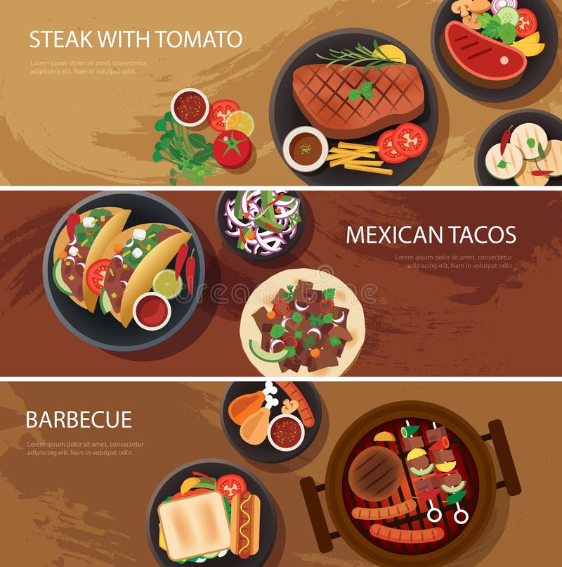 Straßennahrungsnetzfahne, Steak, Tacos, Grill lizenzfreie abbildung Straßennahrungsnetzfahne, Steak, Tacos, Grill lizenzfreie abbildung