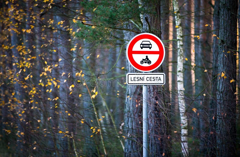 Straßenschild kein Eintrag und zusätzliches Informationszeichen Text in tschechischer Sprache Lesni cesta in englischer Forststra lizenzfreie stockfotos Straßenschild kein Eintrag und zusätzliches Informationszeichen Text in tschechischer Sprache Lesni cesta in englischer Forststra lizenzfreie stockfotos