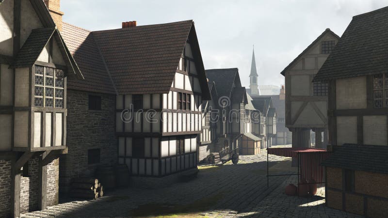 Street Scene set in a European town during the Middle Ages or Medieval period with half-timbered houses and market hall, 3d digitally rendered illustration. Street Scene set in a European town during the Middle Ages or Medieval period with half-timbered houses and market hall, 3d digitally rendered illustration