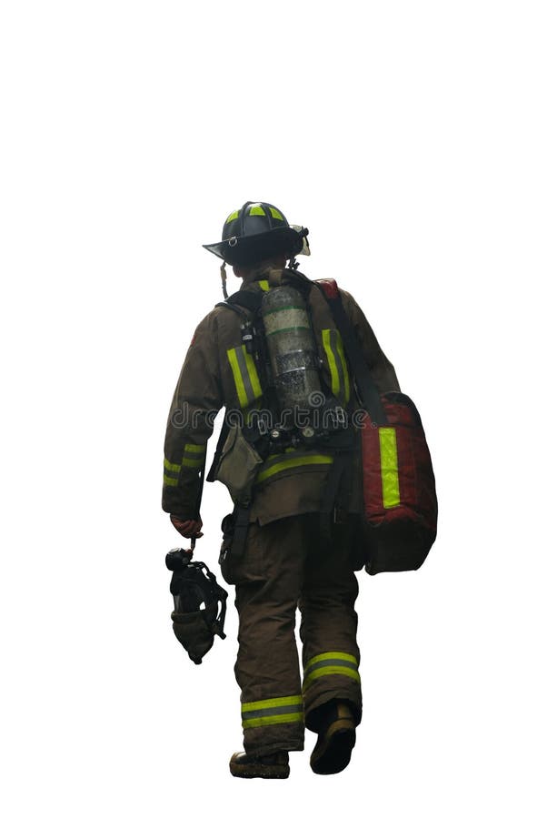 Firefighter after work on white background. Firefighter after work on white background