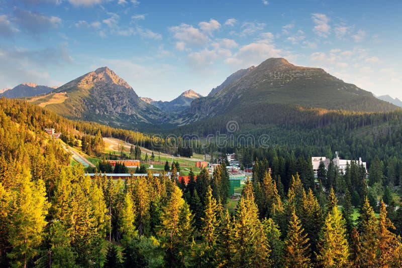 Strbske pleso with forest and mountain, aerial view, Slovakia
