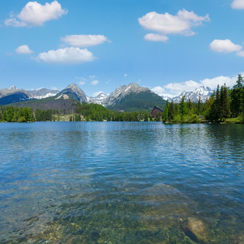 Štrbské Pleso jarní pohled na jezero, Slovensko