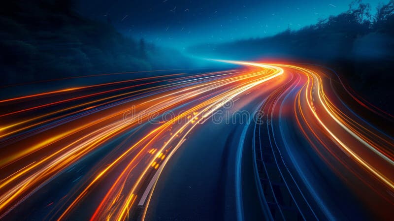 Streaks of Light on a Highway at Night, Generative AI. This mesmerizing image captures streaks of light on a highway at night, creating a sense of speed and motion. Perfect for use in marketing materials, website backgrounds, advertisements, and design projects. Ideal for themes related to technology, speed, transportation, and urban life. AI generated
