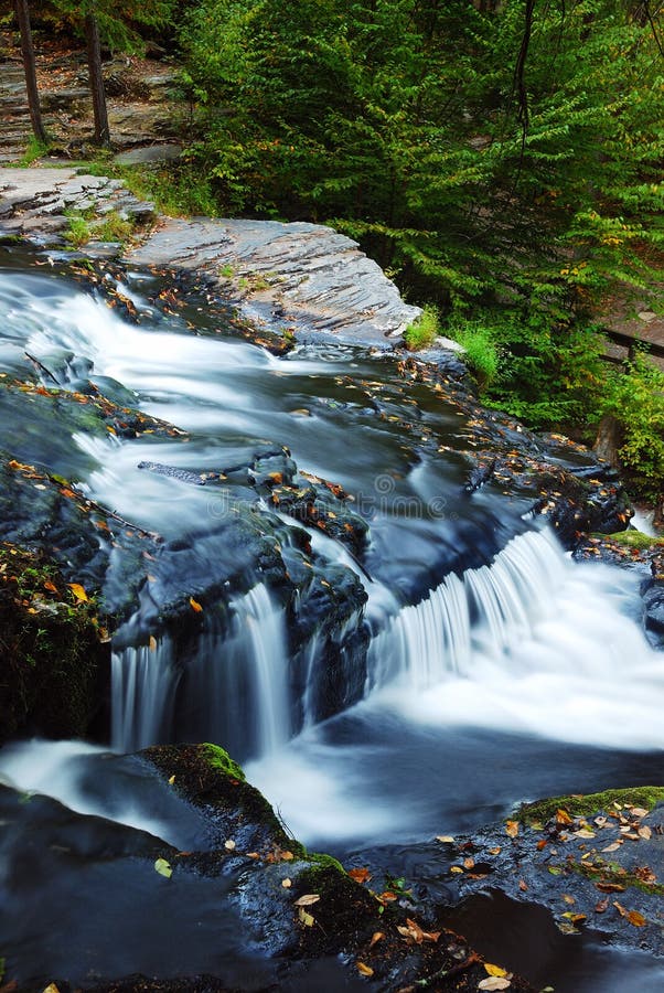 Stream in woods in autumn with rocks and foliage.