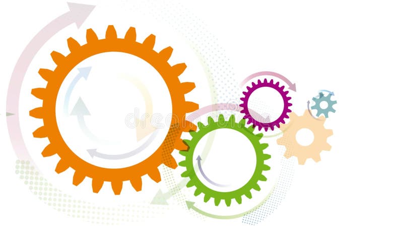 Stream of arrows flowing rotating gears. 2D animation. Looping footage 4k vector illustration