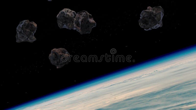 Stream of asteroids flying to Earth, space danger stock images