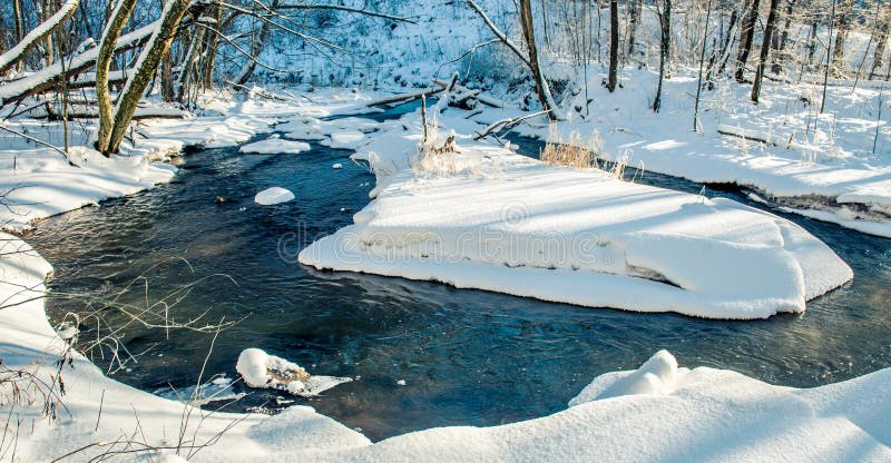 Stream flowing in winter forest