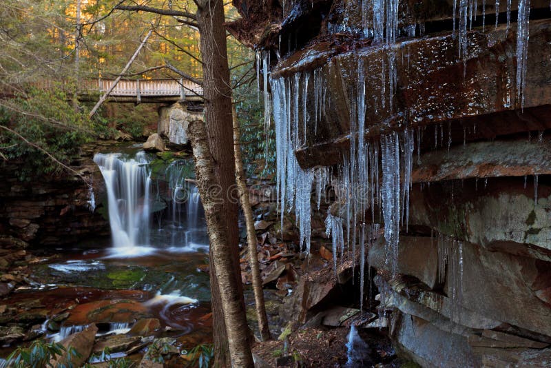 Stream, waterfalls and icicles in the mountains