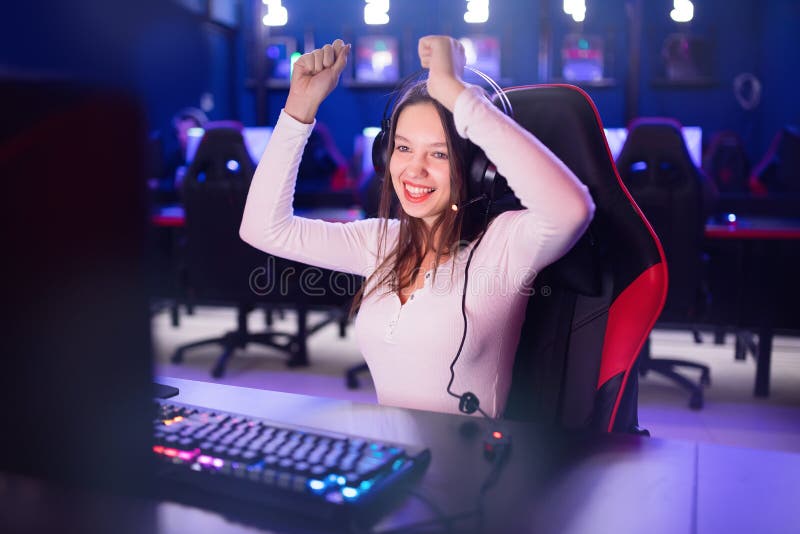 Streamer Beautiful Girl Professional Gamer Winner Rejoices In Victory