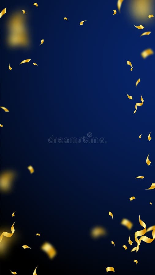 Streamers and confetti. Gold streamers tinsel and foil ribbons. Confetti vignette on dark blue background. Beauteous party overlay template. Superb celebration concept.