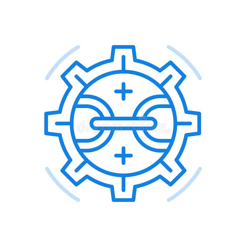 Streamlined optimization process vector line icon. Modern technology to increase power of work process. Cogwheel with connected chain. Strong marketing analysis and management statistics.