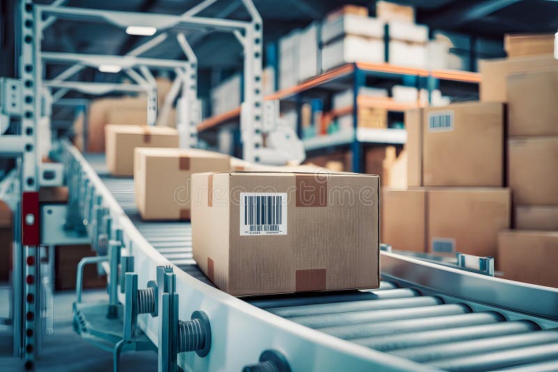 Streamlined warehouse operations with conveyor belt moving boxes, barcode sticker, and organized inventory stock illustration