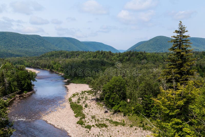 Streams and hills in Cape Breton, Nova Scotia during the summer. Lots of trees can be seen and there is space for text. Streams and hills in Cape Breton, Nova Scotia during the summer. Lots of trees can be seen and there is space for text