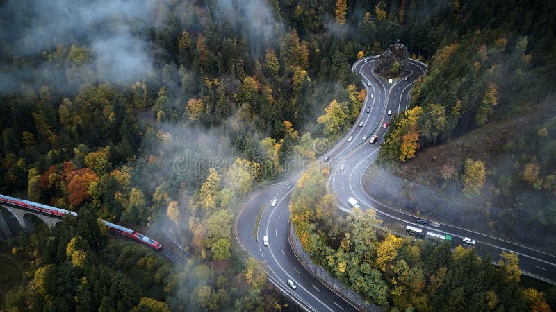 Street from above trough a misty forest at autumn, aerial view flying through the clouds with fog and trees